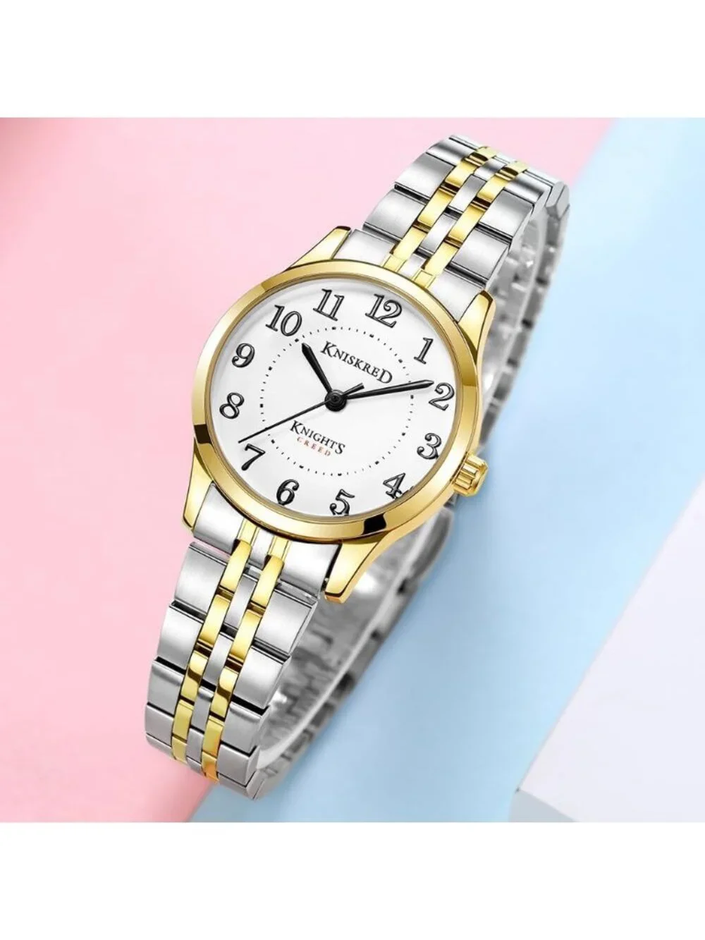 Women's Silver Gold Solid Stainless Steel Band Easy to Read Dial Wrist Watch